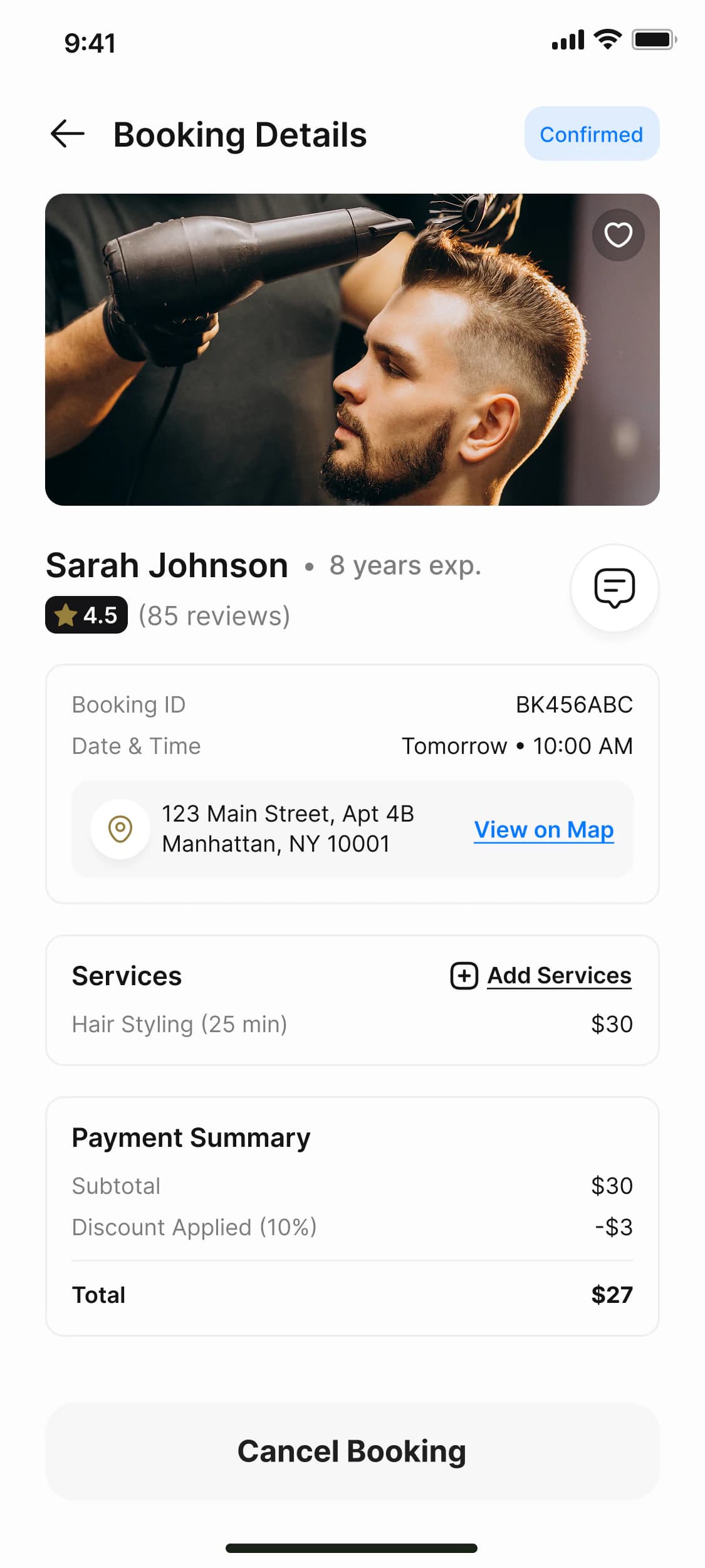 Booking Details screen showing the stylist and services