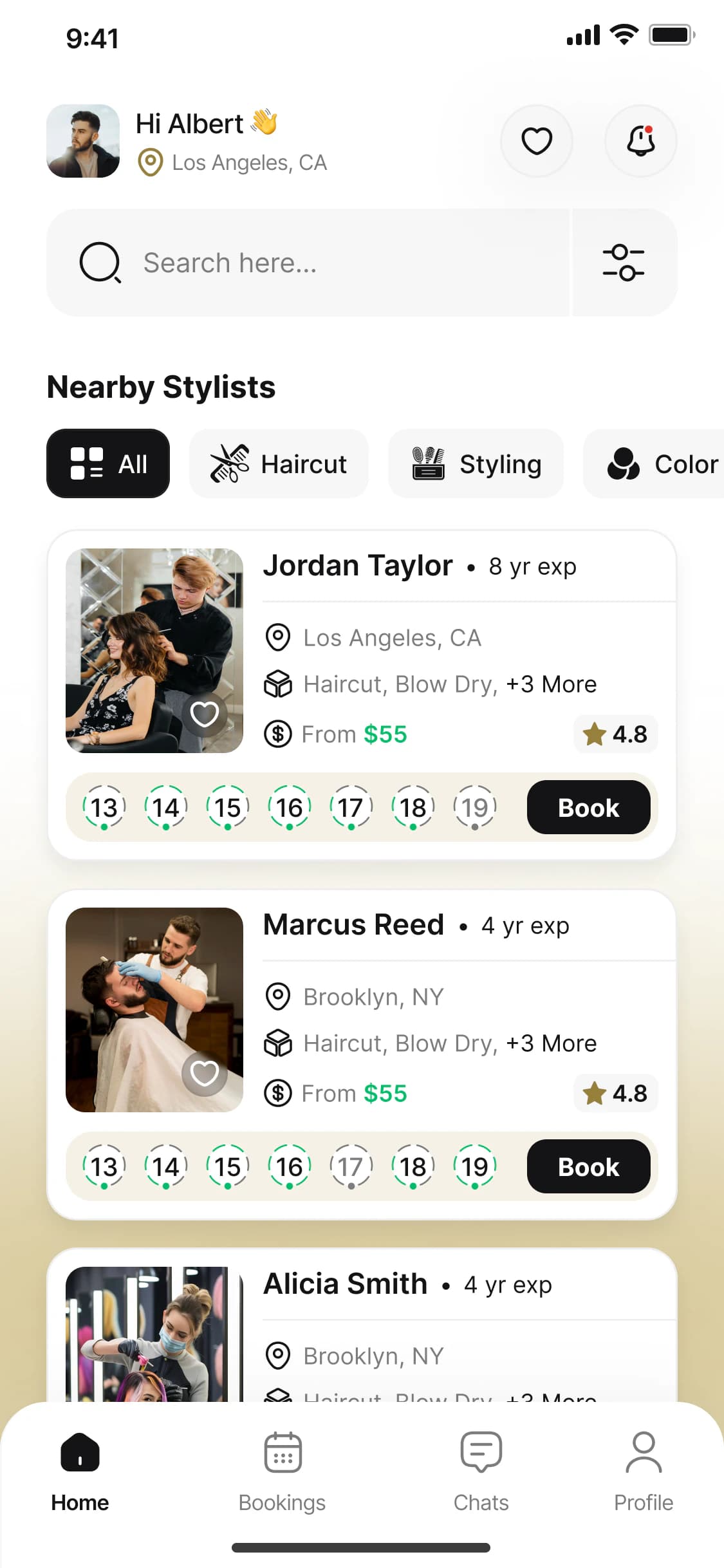Flair home screen showing nearby stylists, categories and booking slots