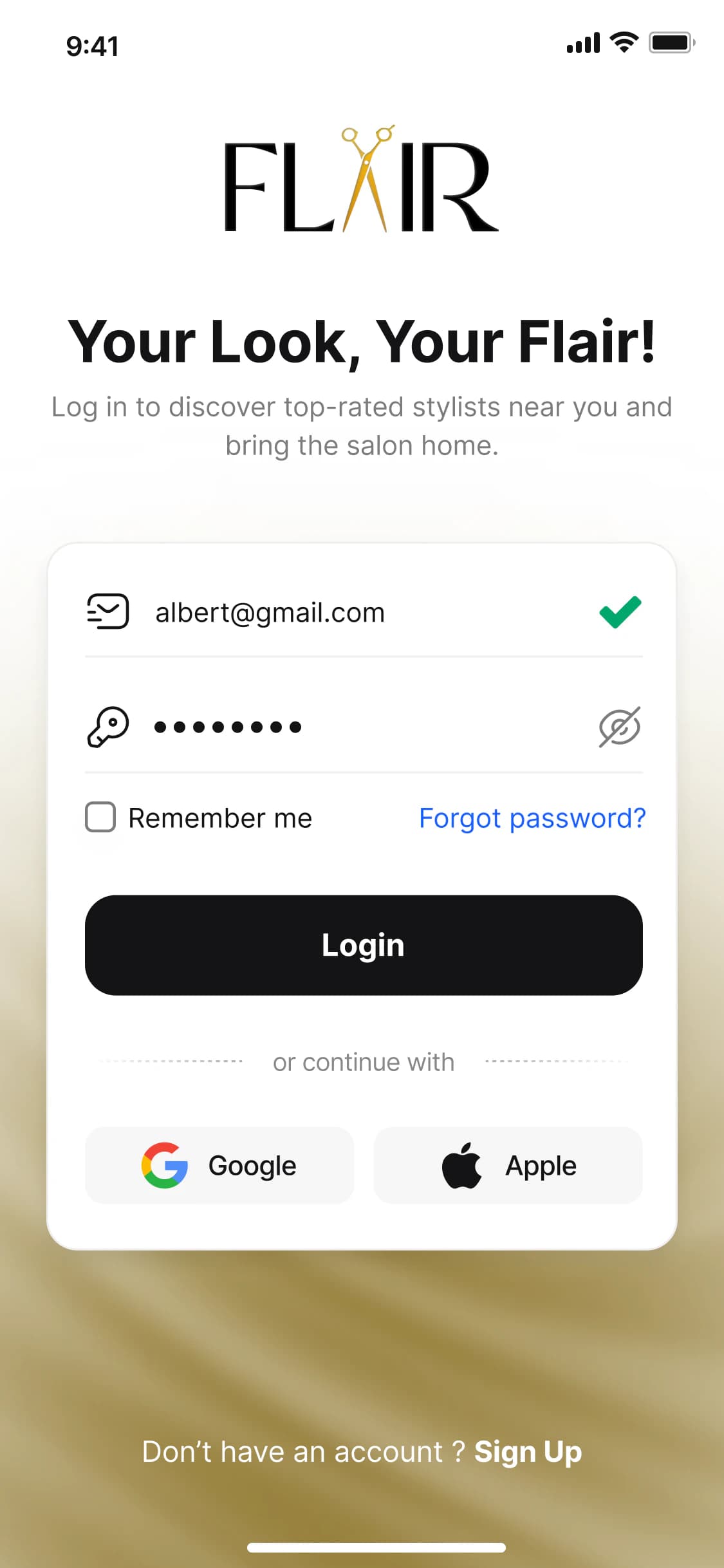 Flair login screen