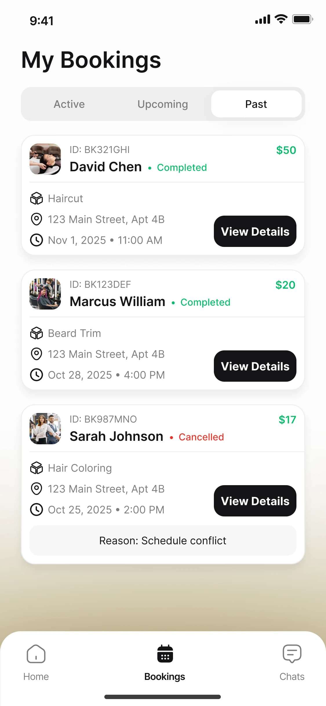 My Bookings screen with active, upcoming and past appointments